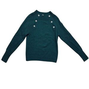 NWT J. Crew Women's XS Green Wool Blend Crewneck Sweater Jeweled Buttons